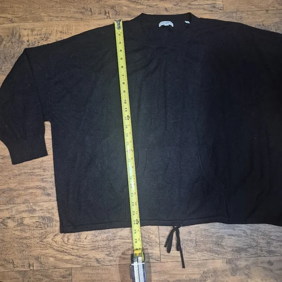 Black Knit Pull Over Sweater Drawstring Front Pocket 3/4 Sleeve Crew Neck Plus 3 - Picture 6 of 11